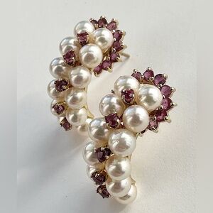 Art Deco 14k Gold Double Row Cultured Pearls & Rubies Earrings With Ruby Jackets